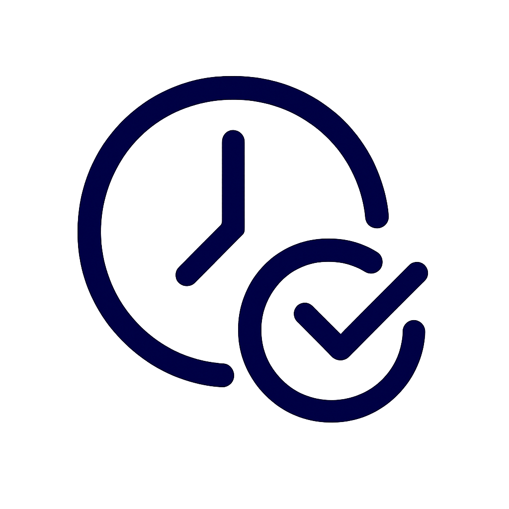 Navy blue clock icon with a checkmark symbolizing time-saving and efficiency