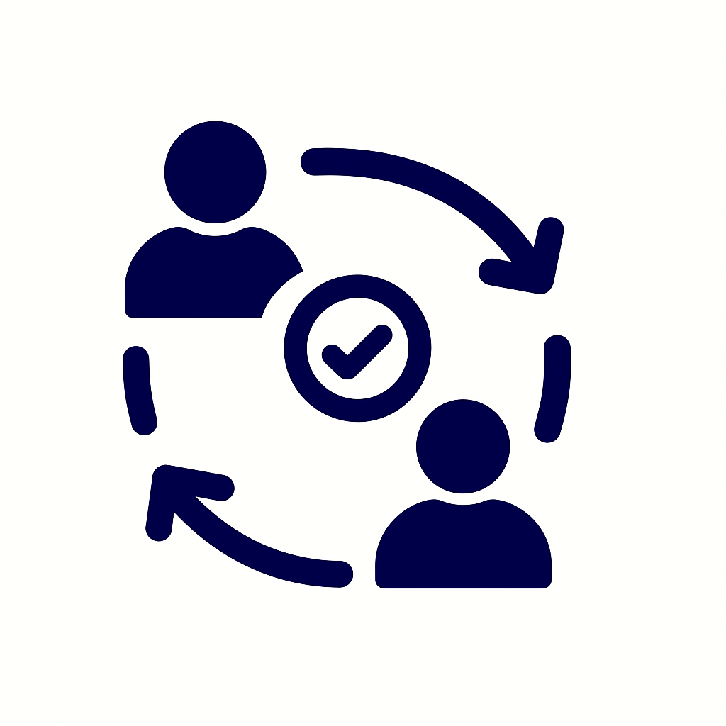 Flat icon of two people with movement lines, symbolizing flexible scheduling and dynamic teamwork