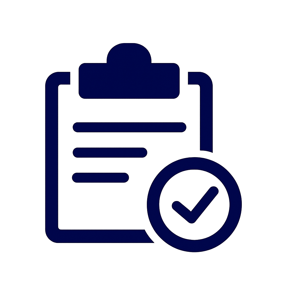 Navy clipboard icon with a checkmark symbolizing accountability and task confirmation